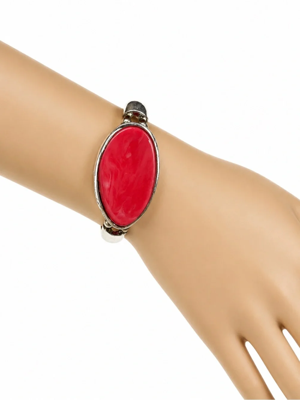 Vtg Red Oval Stone Silver Tone Hinged‎ Bangle Bracelet Statement Jewelry 90s Y2K